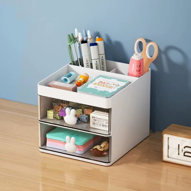 Compact Multi-Functional Desk Organizer with Drawer - Perfect for Office, Makeup, and Stationery Storage