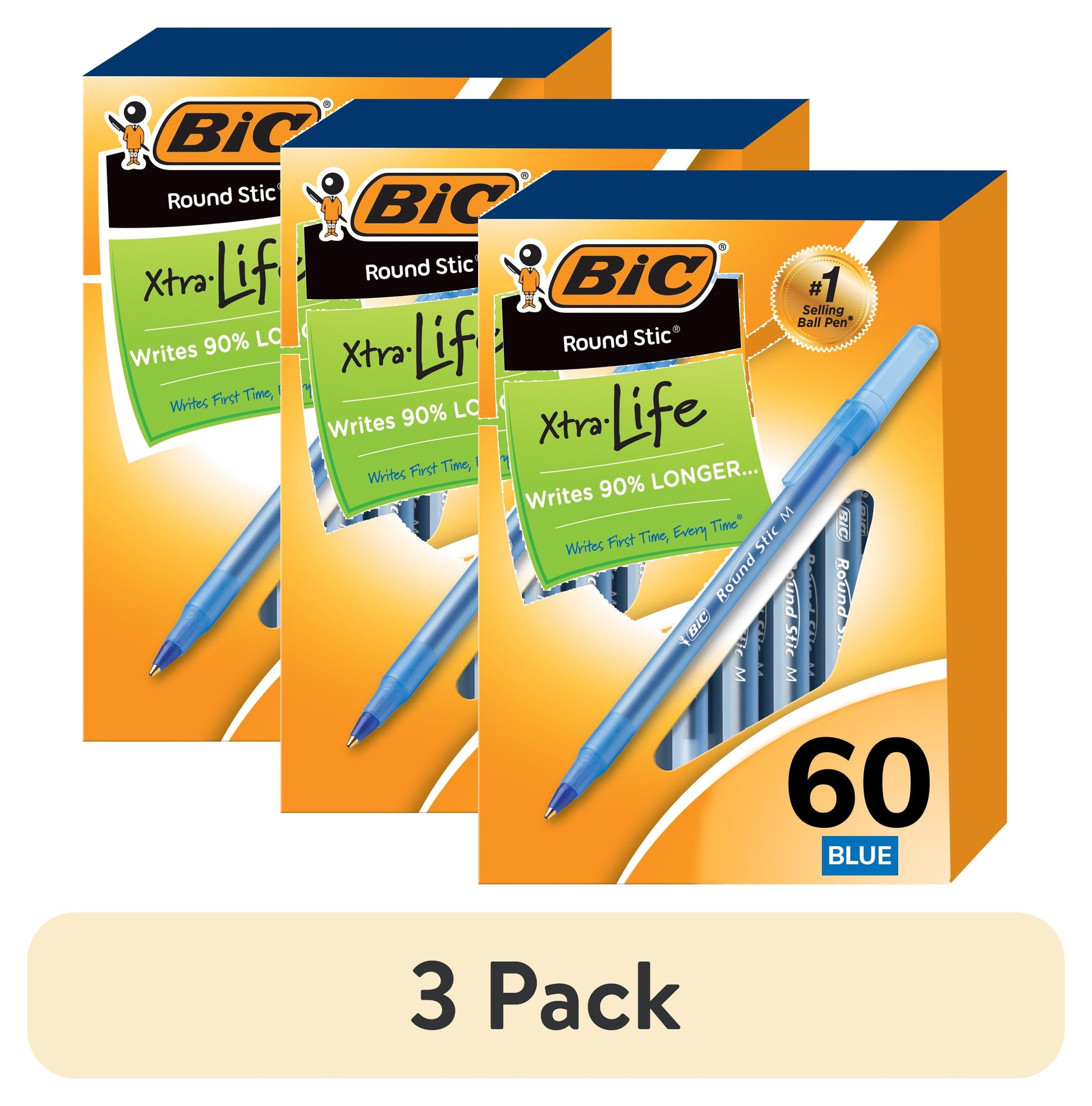 (3 Pack)  round Stic Xtra Life Ballpoint Pens, Medium Point, Blue Ink, 60 Count