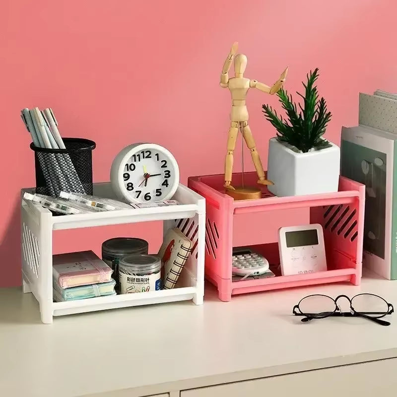 Double Layer Rectangular Desk Organizer - Stylish Storage Rack for Students & Office Accessories